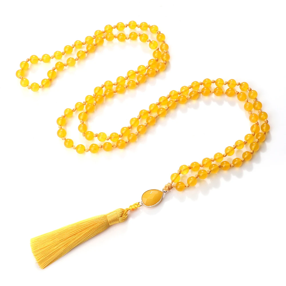 Colliers de perles de calcédoine jaune naturel Mala pour femmes et hommes, bijoux de guérison énergétique, cadeau de la présidence, bohème fait à la main, mode 108