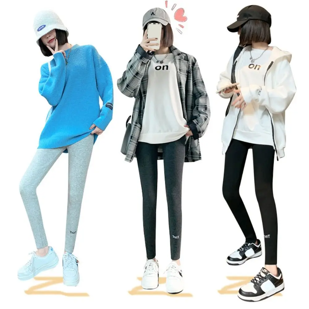 กางเกงเลกกิ้งผู้หญิงมีตัวอักษรฤดูใบไม้ร่วงฤดูหนาวกางเกงขนแกะหนากางเกงเข้ารูปยาวอบอุ่น