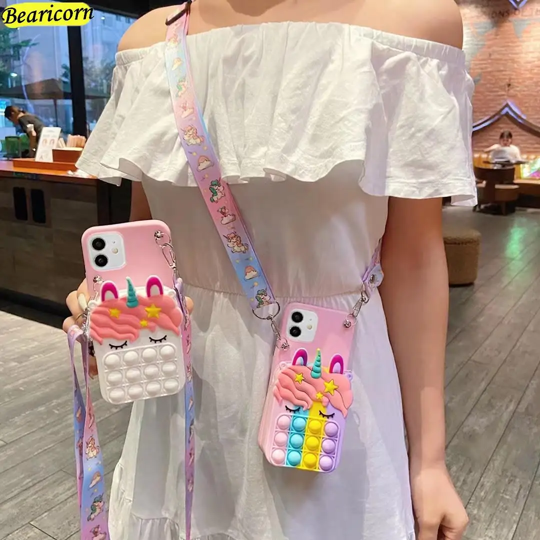 Crossbody sikke çantalar Pop kılıfları Samsung Galaxy için A50 A70 A40 A30s A10 M01 M02 M32 M11 M21 M31 M51 M12 Unicorn cüzdan kapak