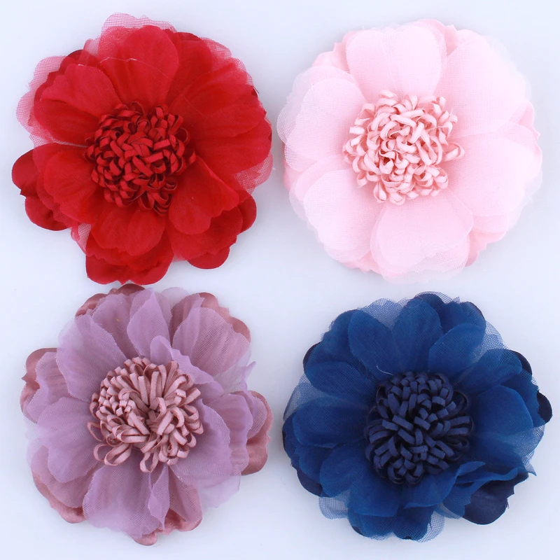 120PCS 9CM New Tulle Silk Flower With Tissue Stamen For Wedding Headwear Accessories Fabric Flowers For Headbands