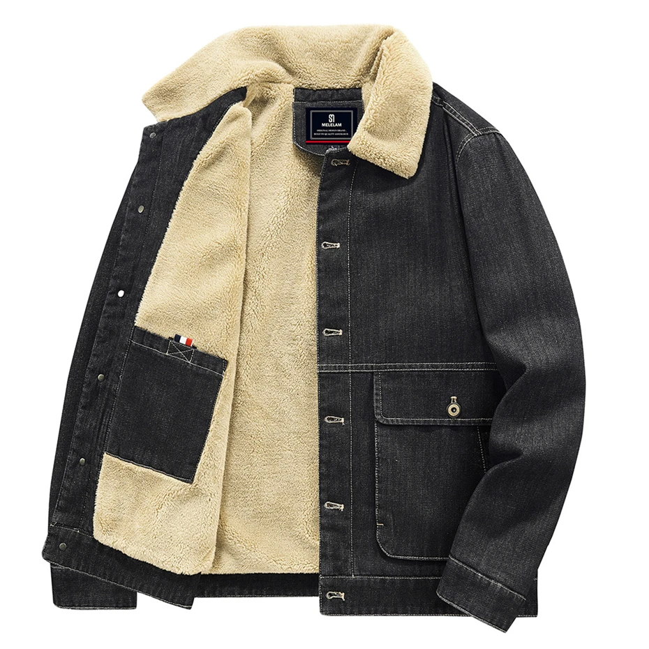 Fleece Denim Jacket Men Autumn Winter Thick Denim Coat Male Fashion Casual Jean Jackets Black