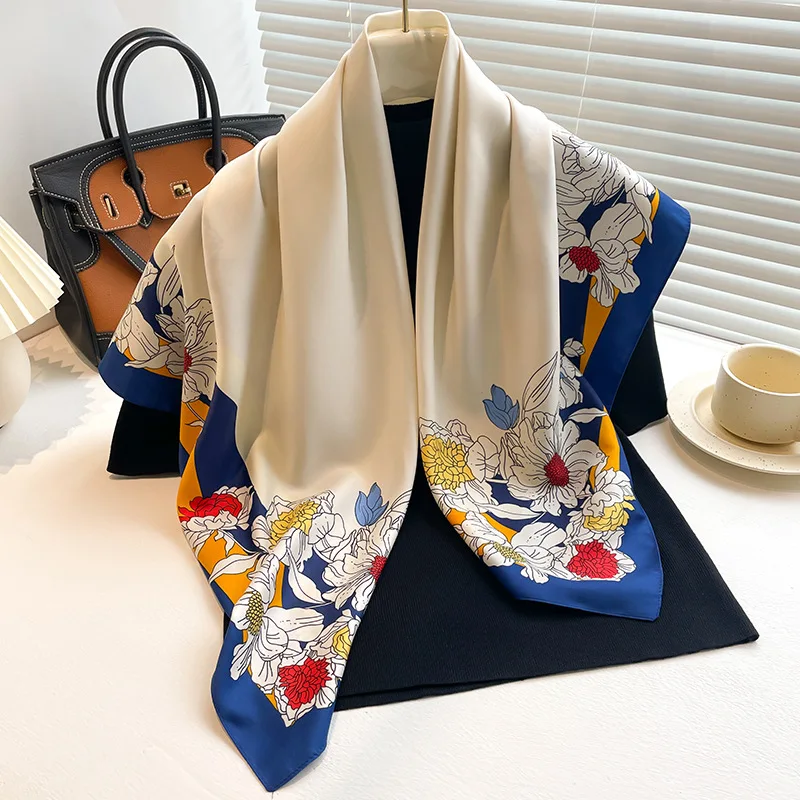 Luxury Women 90x90CM New Twill Silk Big Square Scarf Shawl Fashion Printed Design Summer High Quality Ladies Sunscreen Scarves