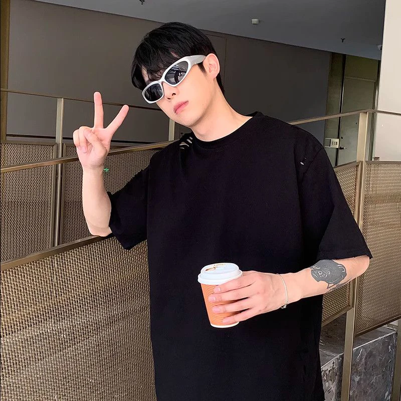 Summer Ripped Hole Men Short Sleeve O Neck T Shirt Korean Fashion Teenager Hip Hop Simple 2xl