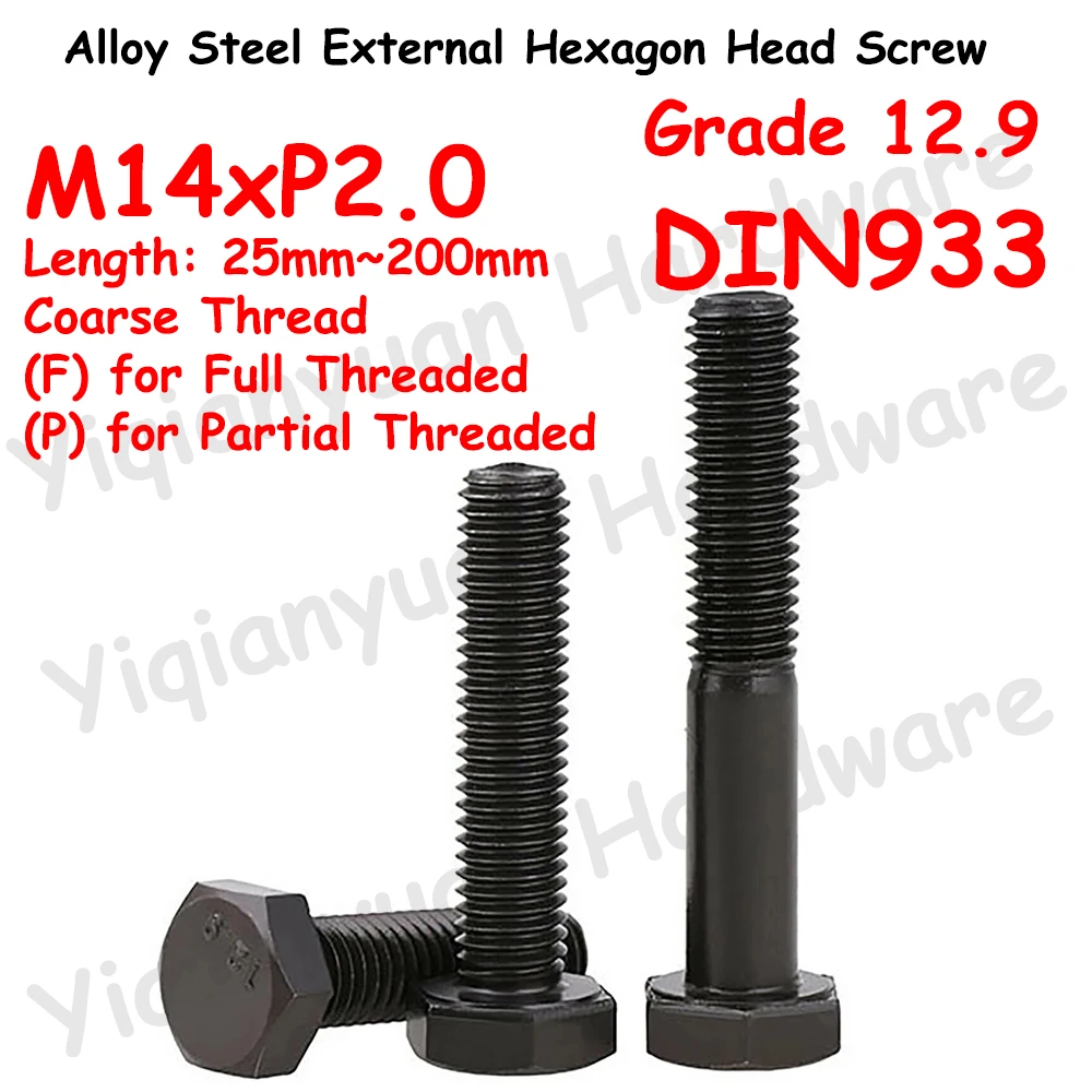 

Yiqianyuan DIN933 M14xP2.0 Grade 12.9 Alloy Steel Black Hexagon Head Screws External Hexagonal Head Bolt Full / Partial Threaded