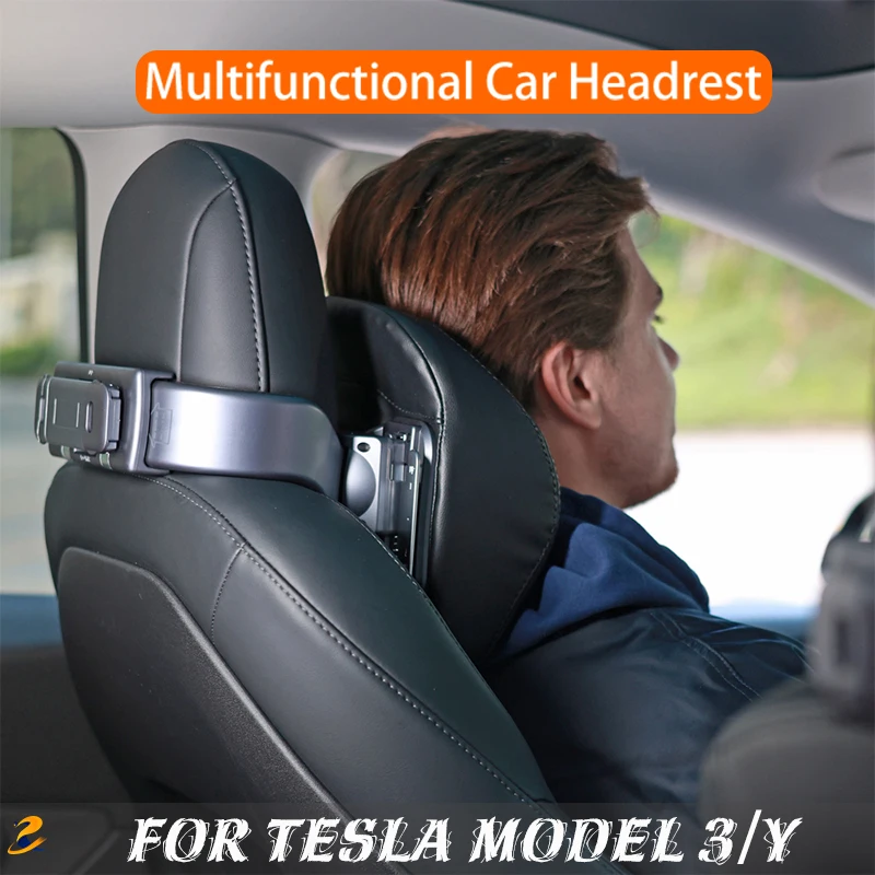 Livingfun For Tesla Model Y 3 Multifunctional car Neck Pillow leather Headrest Mount Phone Holder Tesla Model Y 2023 Accessories