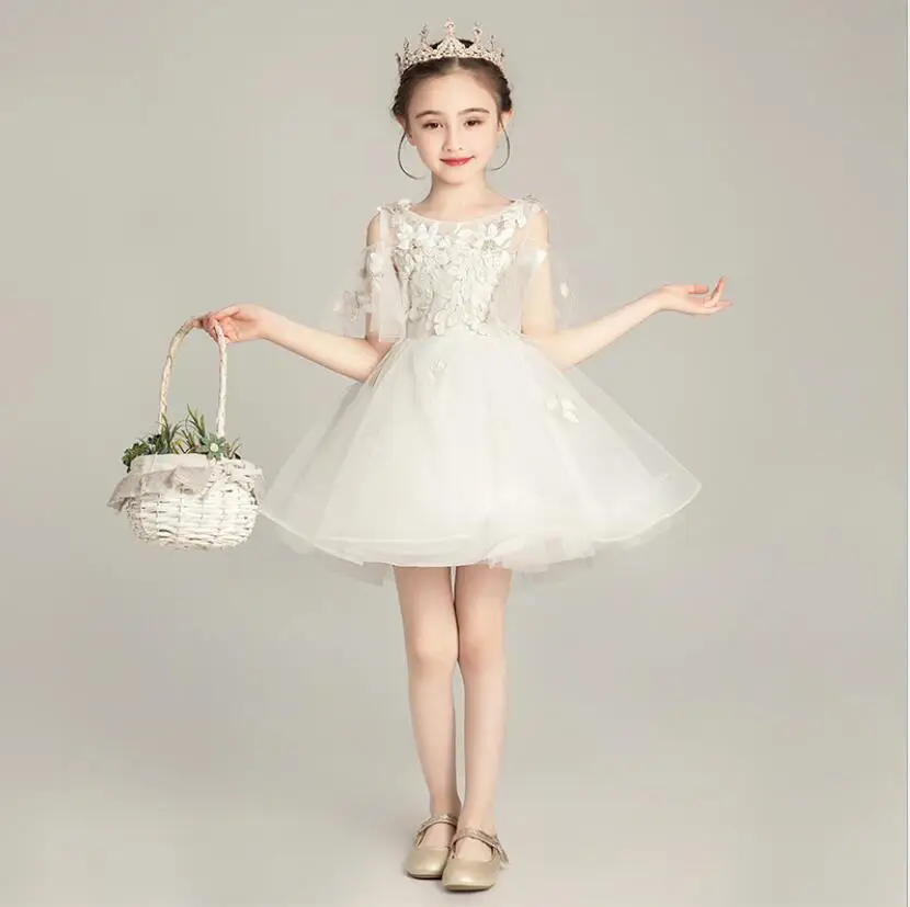 Floral Tulle Girls Princess Dresses White Off Shoulder Flower Girl Dresses for Weddings Long Kids Party First Communion Gowns