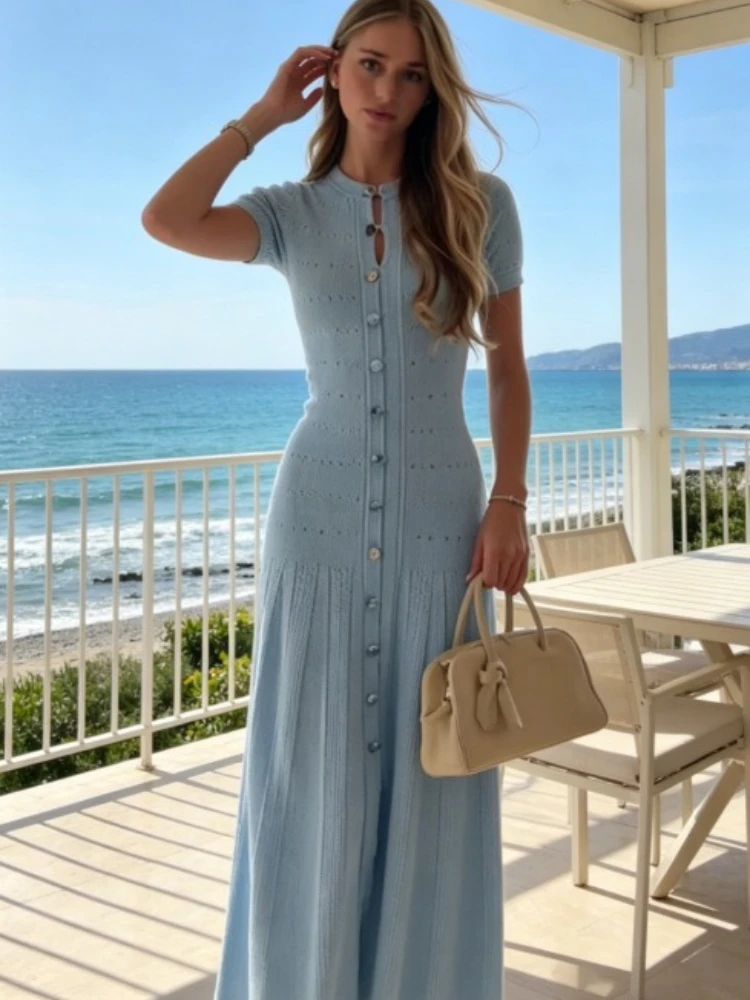 

2026 New Womens Short Sleeve Knit Midi Dress Front Button Pleated Robe Elegant Office Casual Daily Summer Beach Holiday Outfit