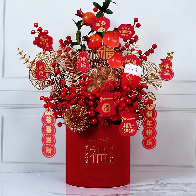 New Year Lucky Red Berry Branches, Home Decoration Artificial Plant Flower Baskets, Wedding Decoration Flower Arrangements Gifts