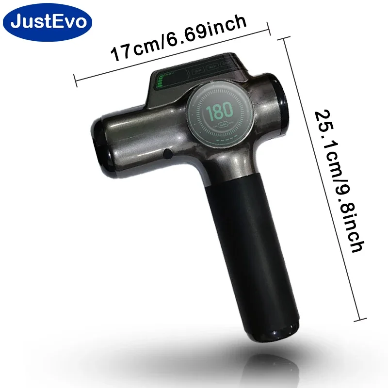 JUSTEVO Massagepistool op 99 niveaus, Type-C oplaadbaar, 8 massagekoppen, intensiteits- en batterijdisplay, perfect cadeau.