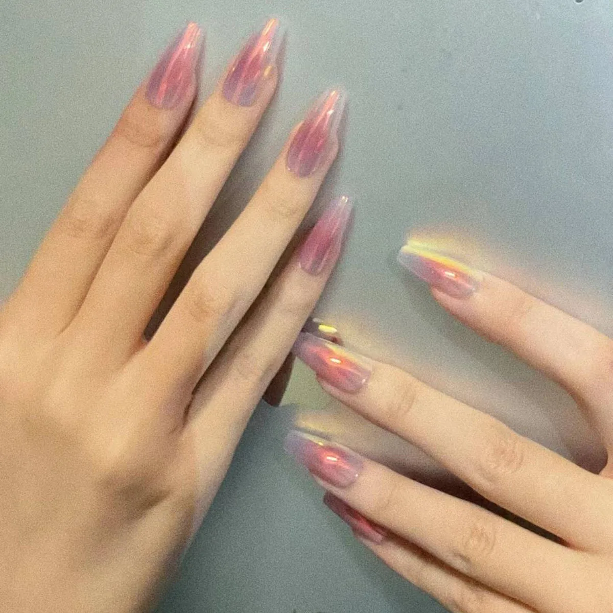 

24Pcs Blush Ombre French Aurora False Nail Glossy Ballet Fake Nail with Glue Long Nude Pink Nails Full Cover Removable Acrylic