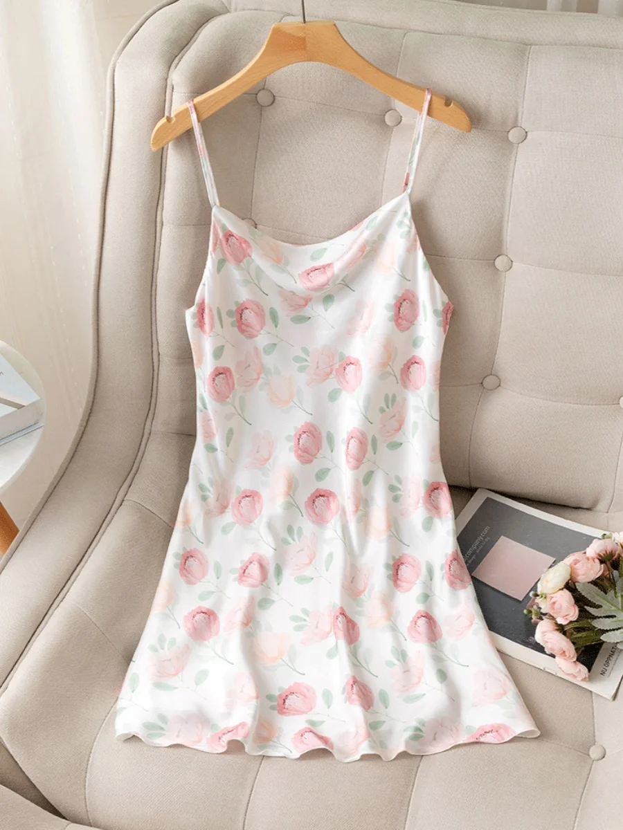 

Summer Thin Ice Silk Strap Sleepwear Comfortable plus Size Home Clothes Sexy Women's Short Dress Home Furnishings Nightgown