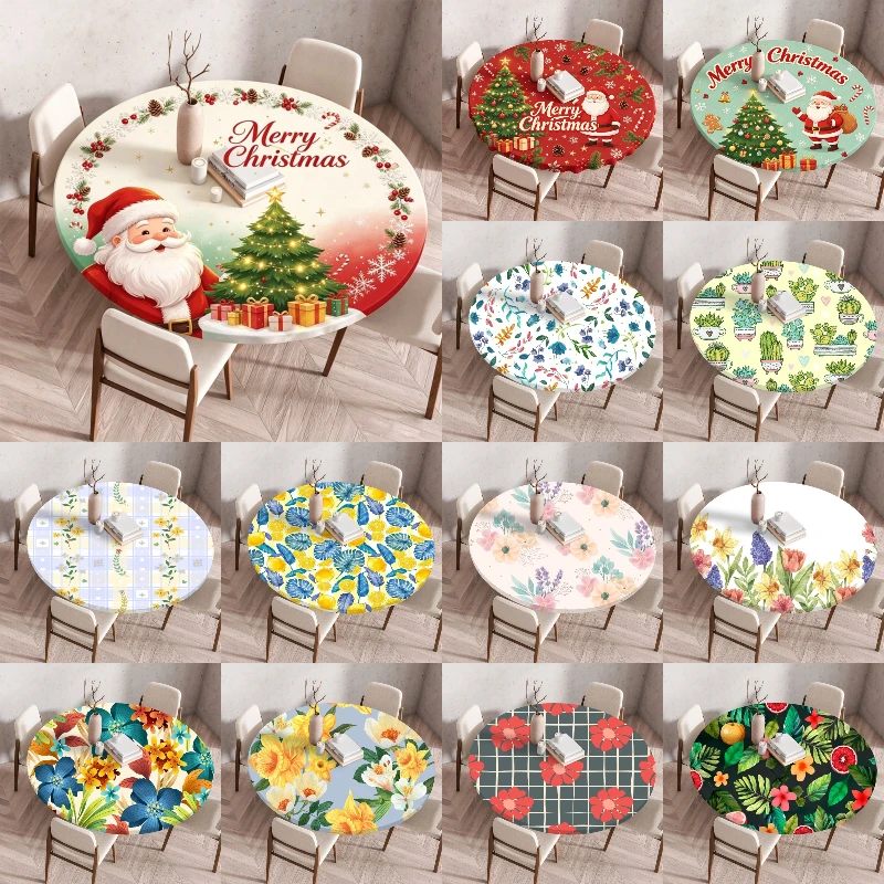 60/120cm Christmas Printed Round Tablecloth Waterproof Oil‑Proof Polyester Table Cover Wear‑Resistant Dust‑Proof Table Cloth