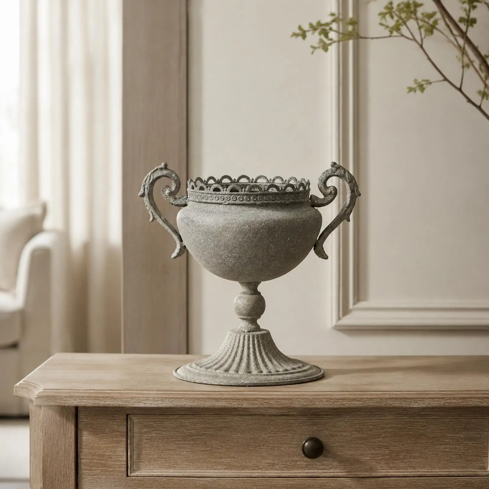 Antique Decorative Planter Metal Flower Pot Vintage Pedestal Stand with Fluted Base for Indoor Greenery