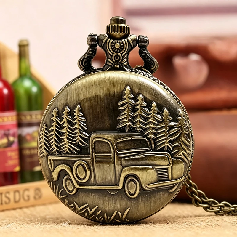 Vintage Old Pickup Truck Forest Design Men Women Quartz Pocket Watch with Necklace Chain Arabic Number Clock Collector Gift