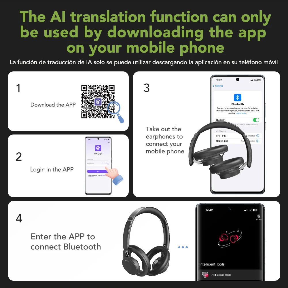 HTC HP06 سماعة رأس بخاصية البلوتوث بلوتوث 6.0 ترجمة سماعات أذن قابلة للطي معلقة 135 لغة ، تطبيق سماعة الرأس ASMR