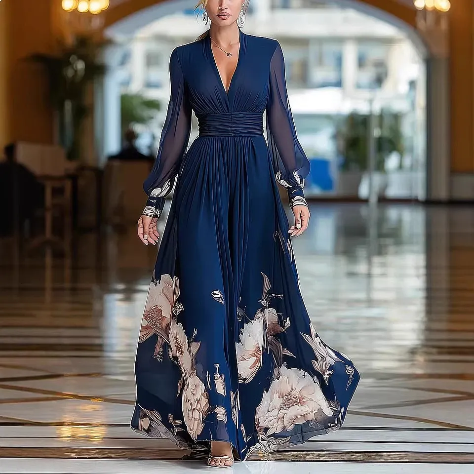Mesh Patchwork French Bodycon Dress Floral Print Maxi Dresses Blue Casual Comfortable Jumpsuit Playsuit