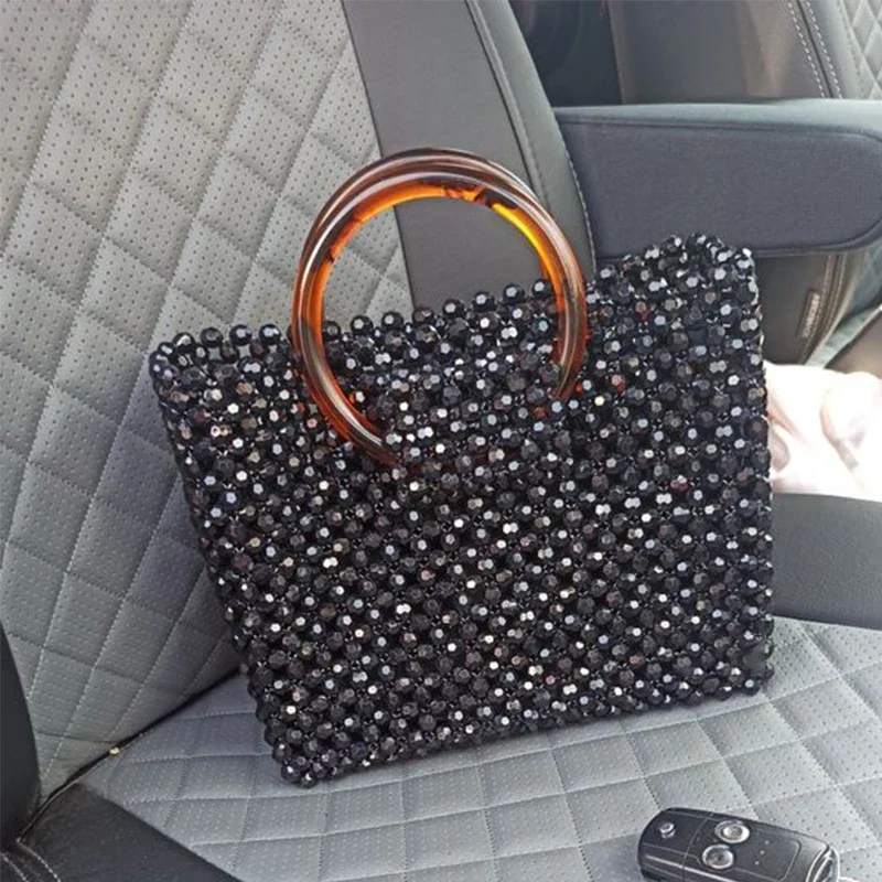 Black Gifts Designer Top-Handle Female Handmade Women Fashion Wholesale High-capacity Customizable  Handbags Acrylic Beaded Bag