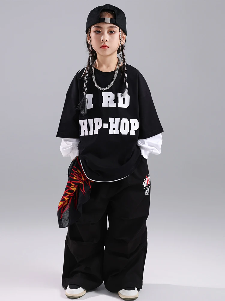 新しい子供社交ヒップホップダンス衣装女の子のためのルーズシャツ黒パンツストリートウェア男の子ジャズパフォーマンススーツ DQS21217