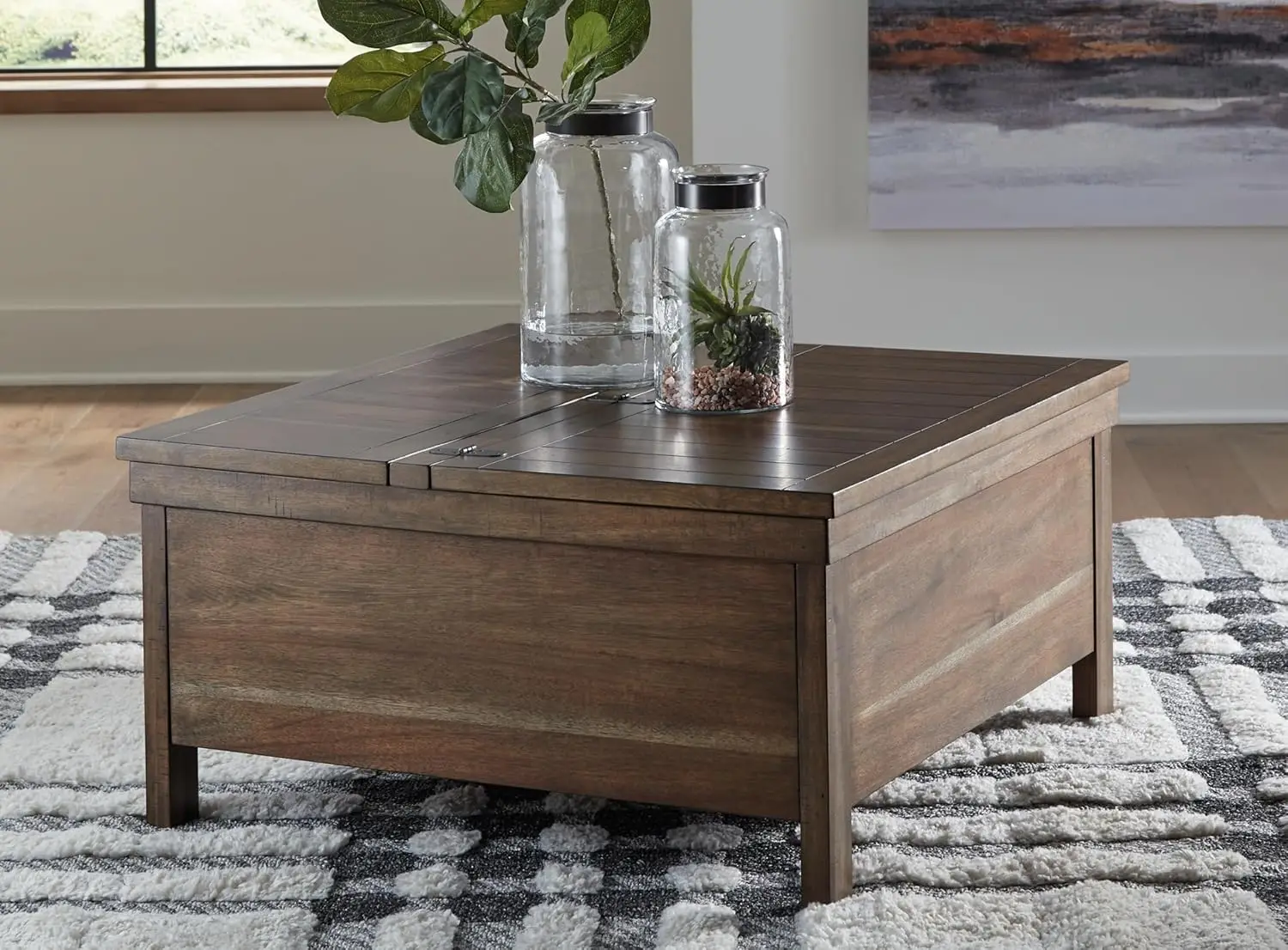 

Signature Design by Ashley Moriville Rustic Hinged and Lift Top Cocktail Table with Hidden Storage, Light Brown