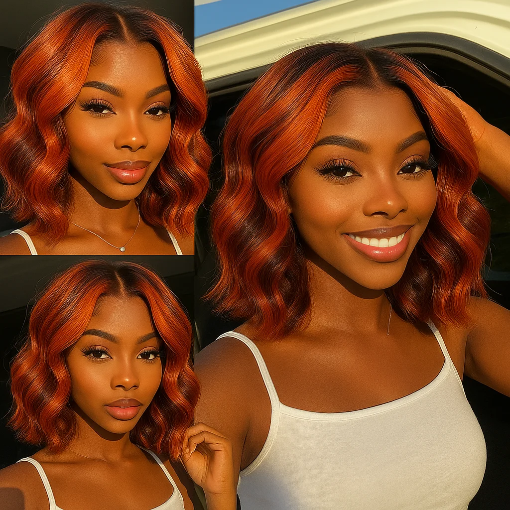 Peruka Bob Krótka z Włosów Naturalnych Ombre Brąz z Pasemkami w Kolorze Imbiru, Krótkie Peruki z Falą Body Wave z Przedziałkiem 13x4, Gotowe do Założenia, Bez Kleju, dla Kobiet