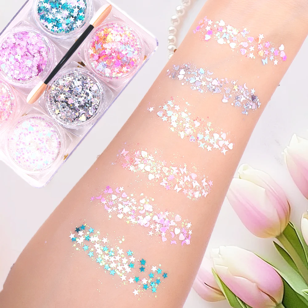 1/6 個キラキラフェイスアイシャドウグリッタージェルパレットステージパーティーホログラフィックハートスター六角形クリームグリッタースパンコールボディグリッター