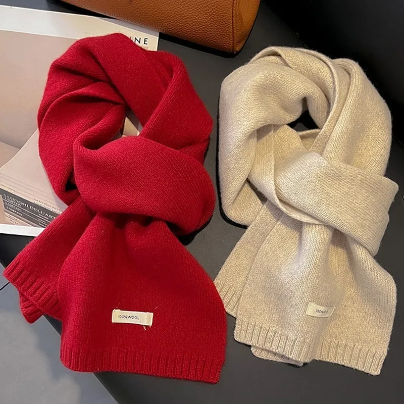 Winter Christmas New Year\'s Wool Solid Color Scarf Women\'s Cashmere Knitted Korean Versatile Soft Thickened Warmth Muffler