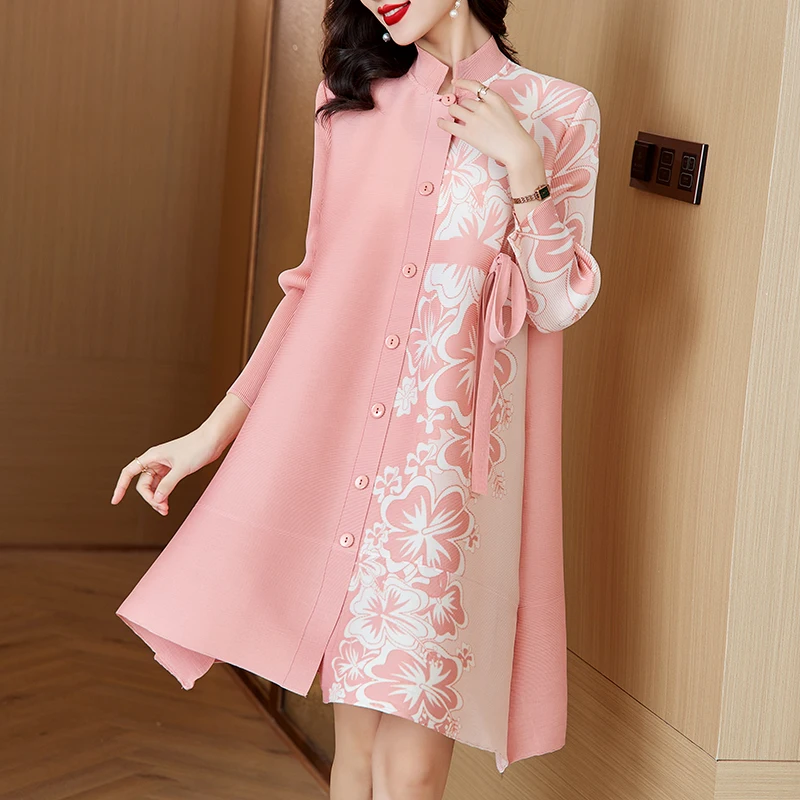 Pleated Dress 2023 Autumn New Standing Collar Printed Button Cardigan Loose Large Slim Covering Belly Fashion Dress