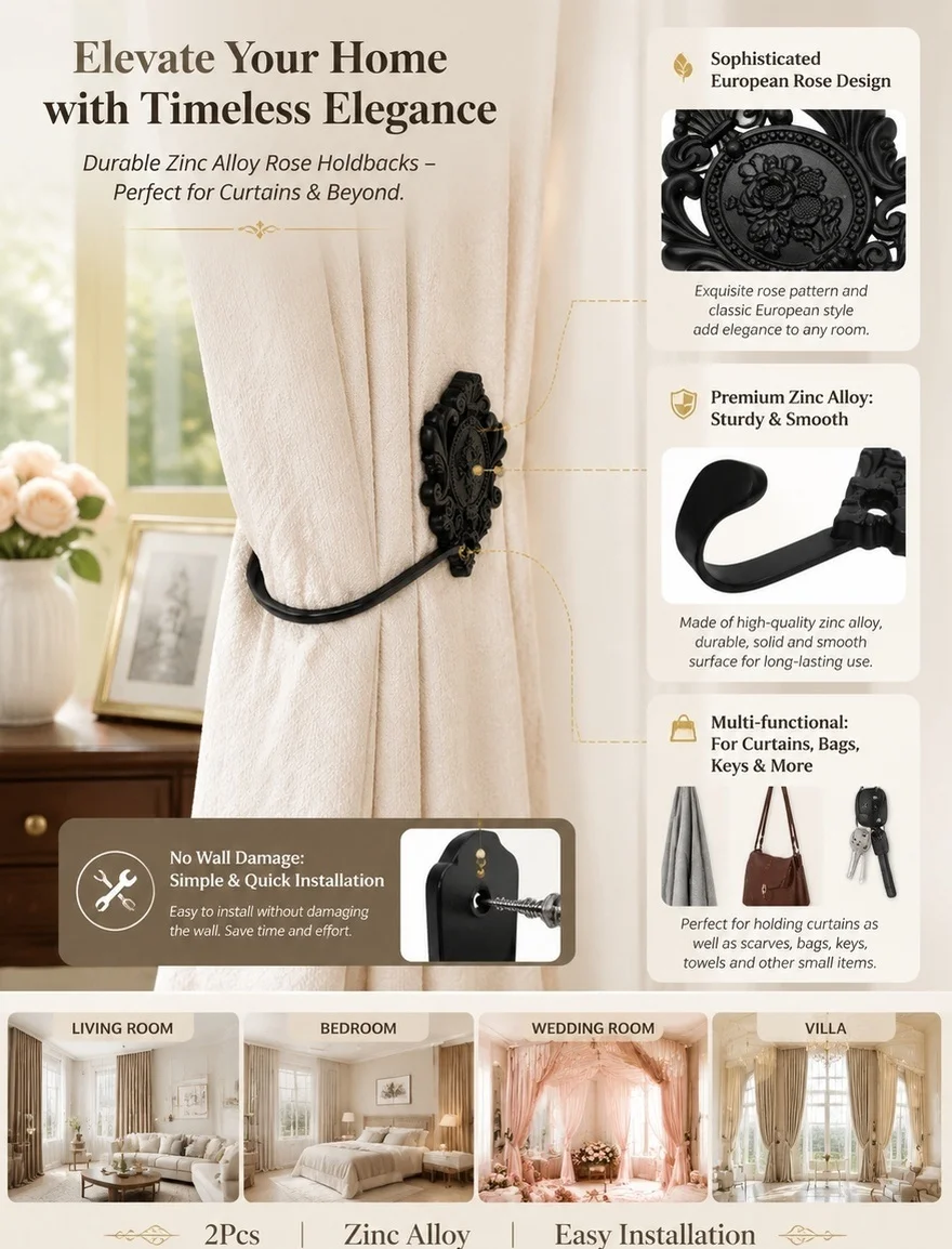 2Pcs Zinc Alloy Metal Curtain Hooks Classical Elegant Design Multi Functional Wall Hooks for Drapery Towel Belt Key Hanging
