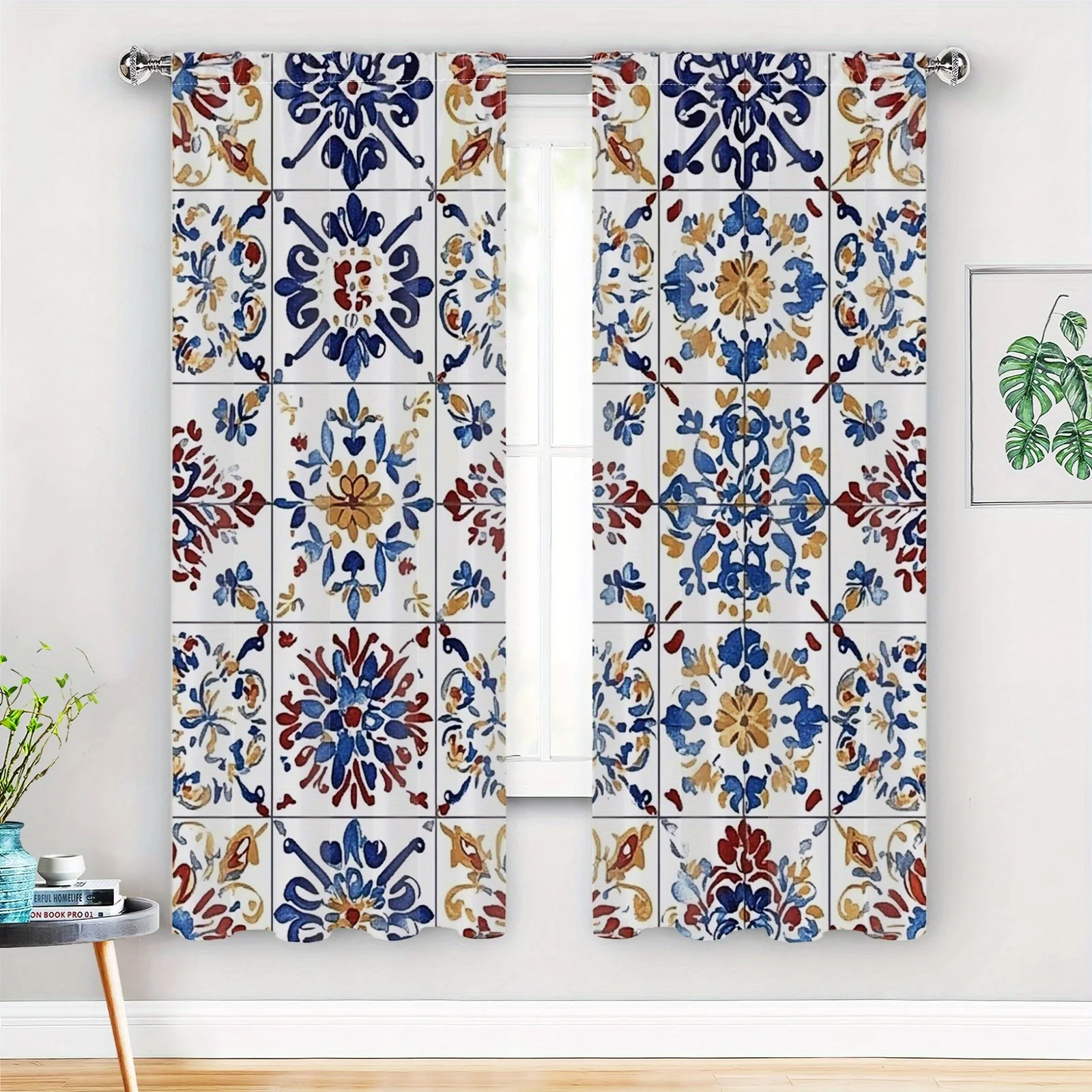 Cortinas opacas 2D planas, 35x90 pulgadas x 2 piezas, inspiradas en Talavera vibrantes, patrones florales abstractos geométricos y retro, Pol duradero
