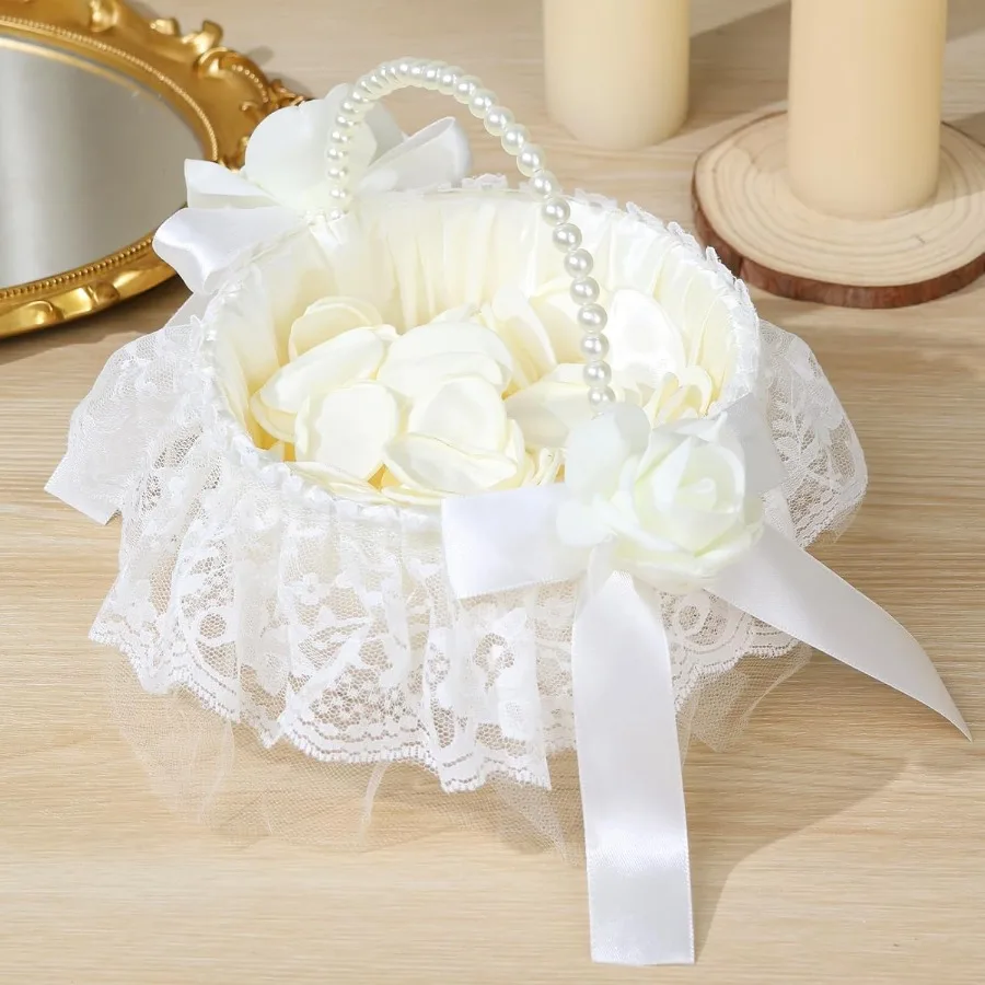 1 Pack Wedding Flower Girl Basket with 200Pcs Silk Petals Pearl Handle and Ribbon Bow for Romantic Night Bridal Party Home Deco
