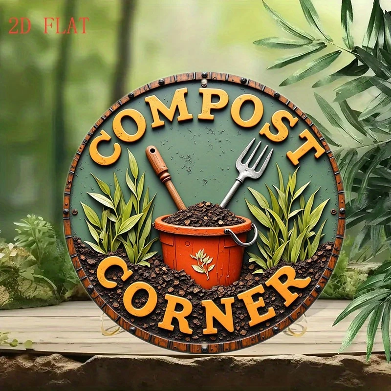 2D Retro Farmhouse Compost Corner Themed Wooden round Plate Garden Decor with Flower Pot Gardening Tools Plant Pattern Design