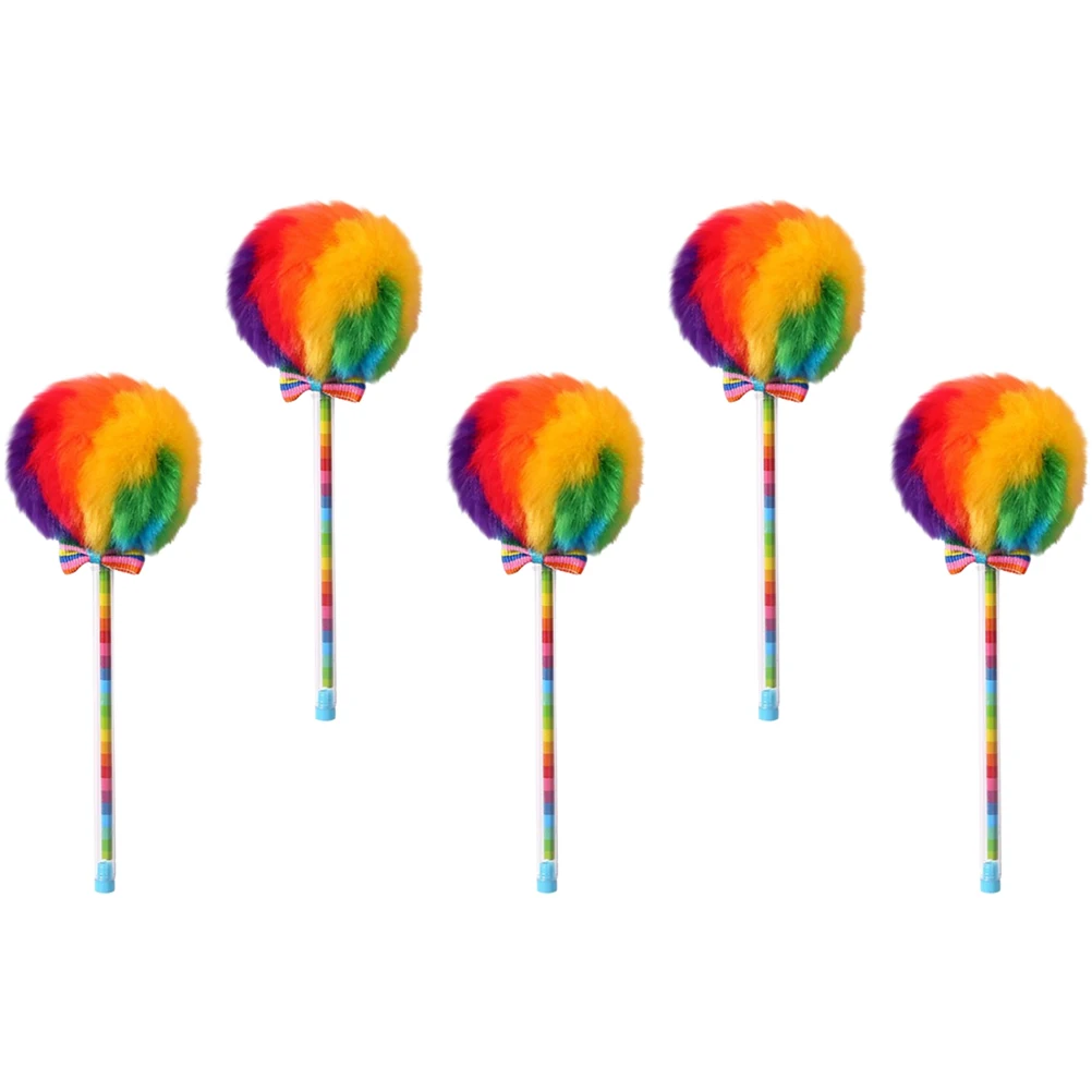 

5Pcs Rainbow Pom Pom Ballpoint Pen Extra Smooth Writing Comfort Grip Portable School Office Pen Cute Gift for Women