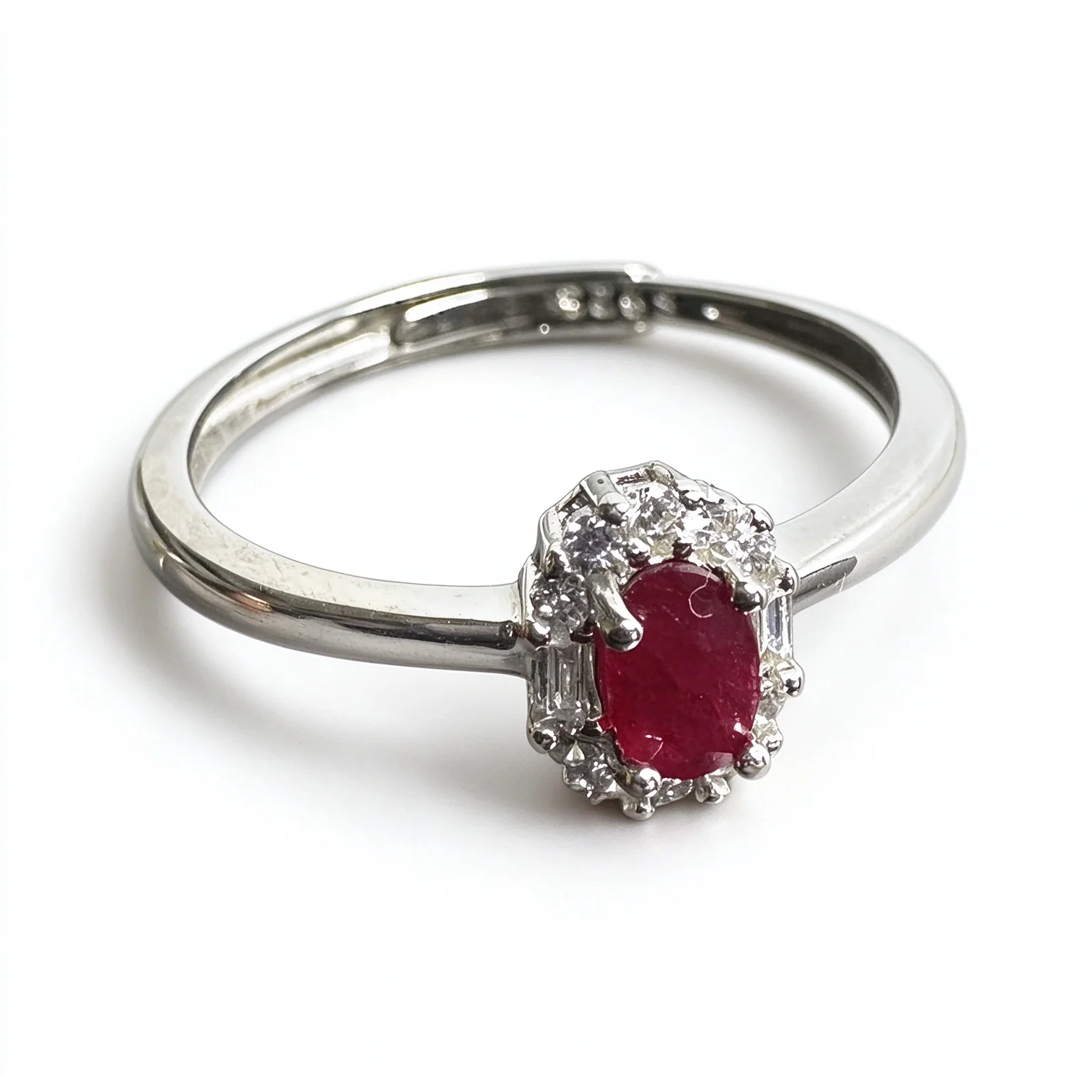 Natural Ruby Ring 3x5mm Oval Gemstone S925 Silver Adjustable Open Band Baguette CZ Halo Women Statement Jewelry
