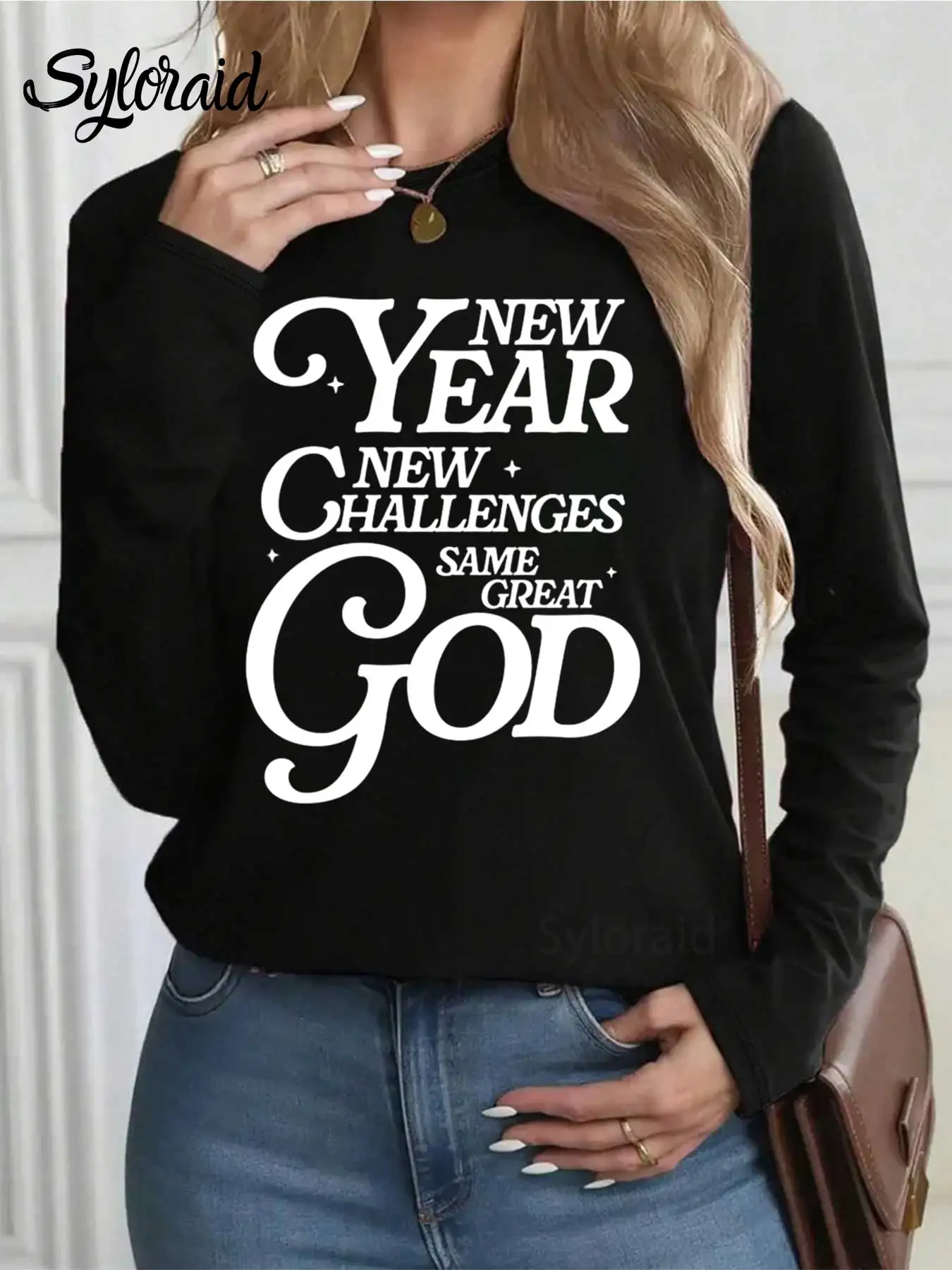 Women's Long Sleeve T Shirt "New Year New Challenges" Christian Print T Shirt Fashion Round Neck Casual Top