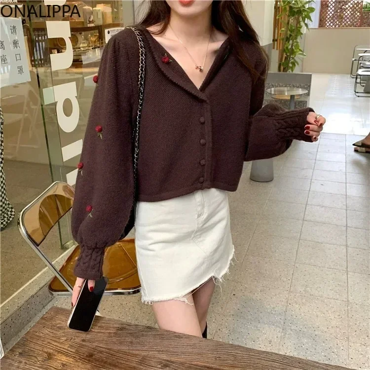 Onalippa Three Dimensional Flowers Cropped Cardigan Gentle Wind Notched Collar Knitted Cardigans Korean Single Breasted Sweater