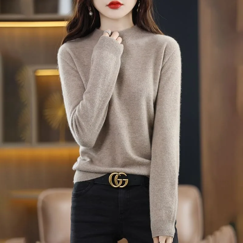 

2023 New Autumn Winter Semi-turtleneck Solid Color Cardigan Women Short Crewneck Sweater Sweater Loose Bottom Knit