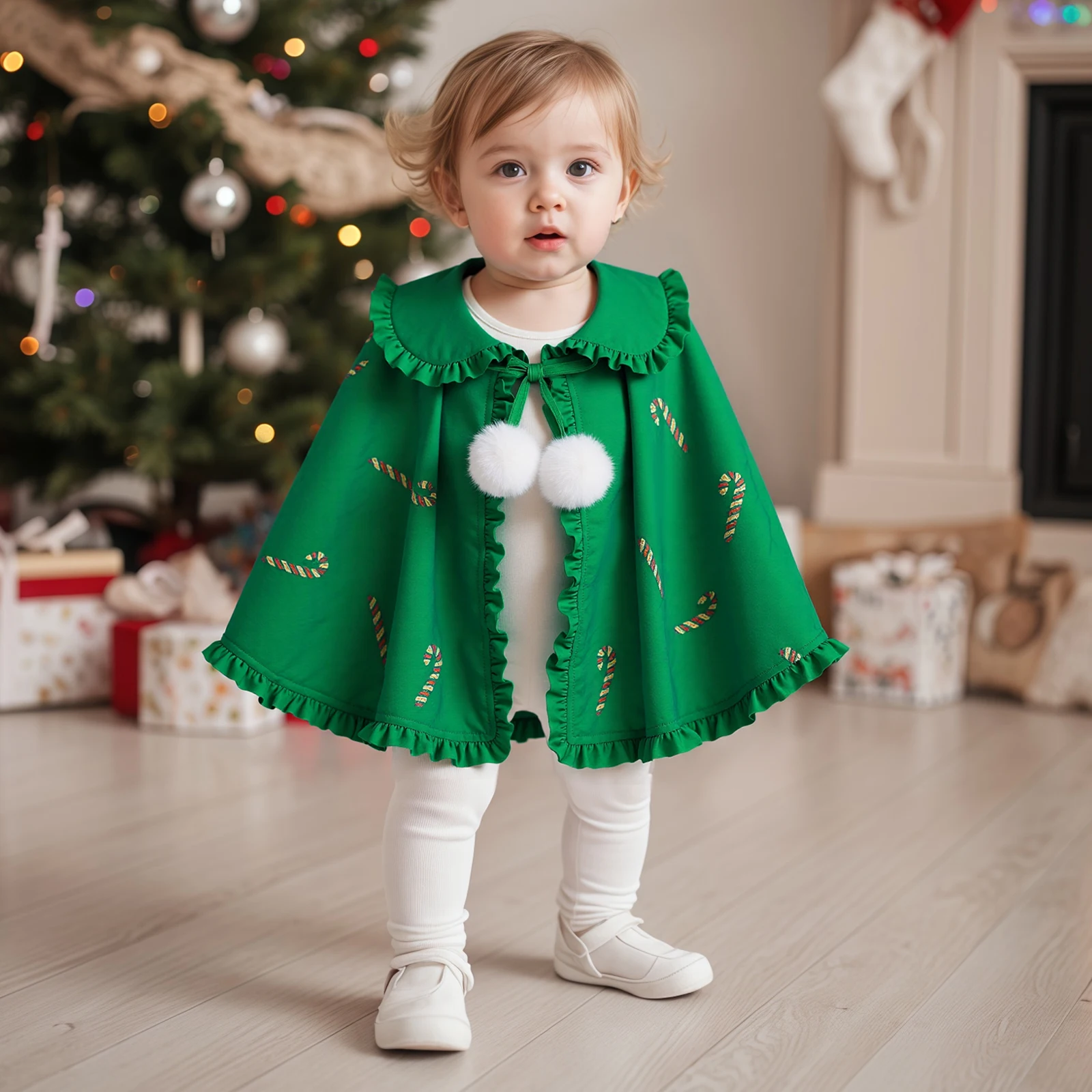 

Kids Plaid Cape Adorable Ruffled Doll Collar Snowflake Pattern Cloak Trendy Baby Shawl with Tie Closure