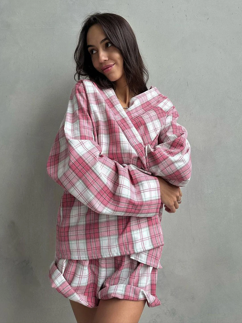 Marthaqiqi Plaid Ladies Nightgowns Suit Turn-Down Collar Sleepwear Long Sleeve Nightwear Shorts Casual Women Nightie 2 Piece Set