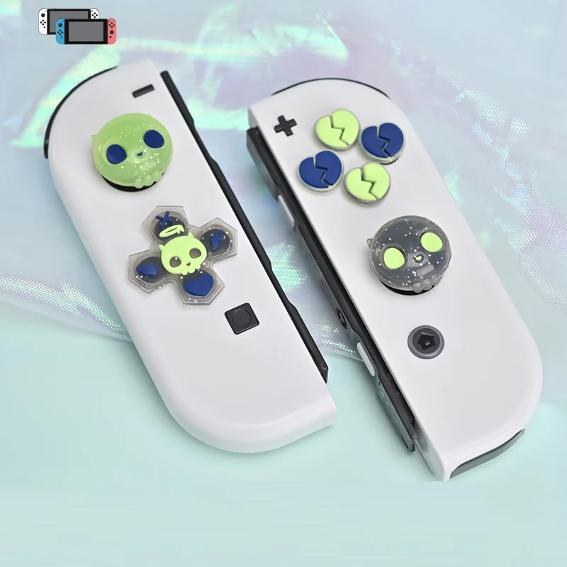 Bling Skull Silicone Soft D-Pad Cross Button, ABXY Key Sticker, Capa de pele para interruptor, Oled NS, Joy-Con, Thumb Stick, Grip Cap Cover