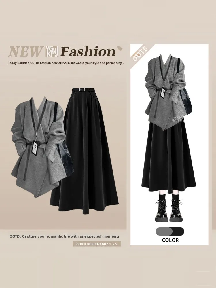 

Ele Winter Faion Set Women's High Waist Skirt Slimming Outerwear V-Ne Long Sve Mid-Length Coat Sli Commute