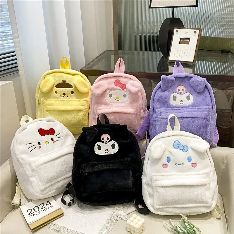 Saniro Hello Kitty Plush Backpack for Women Kawaii School Bag for Student Girl Luxury Designer Handbag Portable