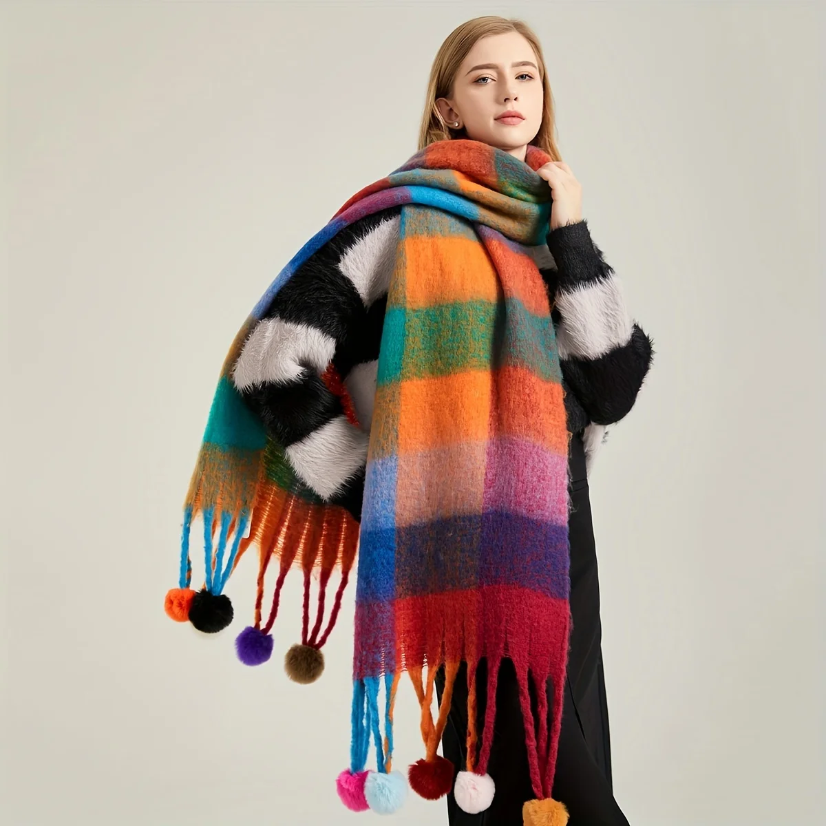 Winter Scarf Women Luxury Autumn Winter Cashmere Scarf Thickened Warm Shawl Classic Tassels Fluffy Scarf Plaid Color Soft Shawl
