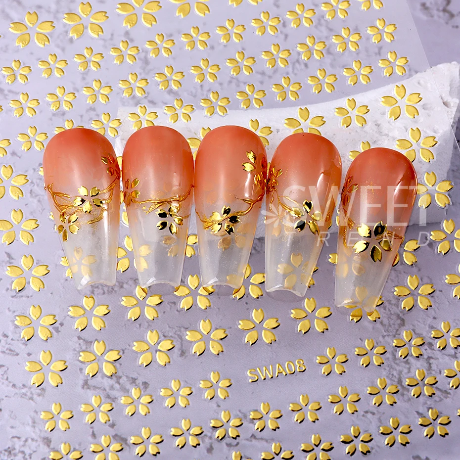 3d Laser Sakura Bloem Nail Art Sticker Holografische Folies Goud Wit Bloemen Stickers Zelfklevende Schuifregelaars Kersenbloesem Manicure Diy