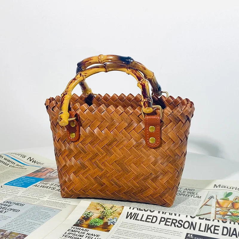 

Versatile Bamboo Handle Straw Weaving Tote Bag Women's Summer Retro Handmade Basket Bag City Chic No Shoulder Strap