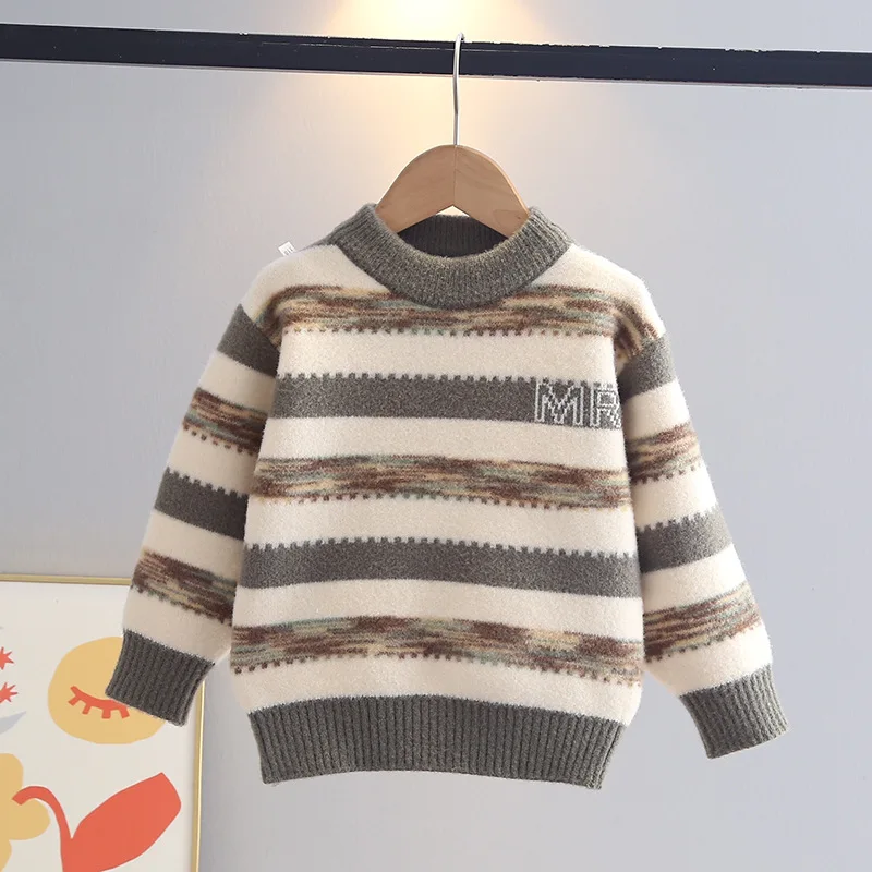 2025 INS Fall Winter Little Boy Sweaters Cotton Striped Long Sleeve Kids Pullovers Round Collar Student Knitwear Clothes IY12212