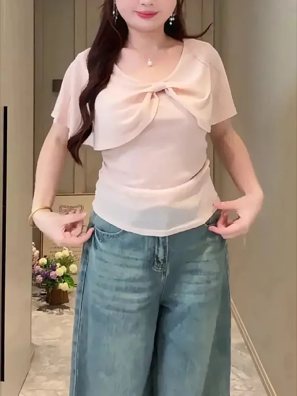 Summer 2026 Unique Personality Top Large Size Beautiful Simple Fashion Twisted Knot Short Sleeve T-Shirt Korean Style Commute