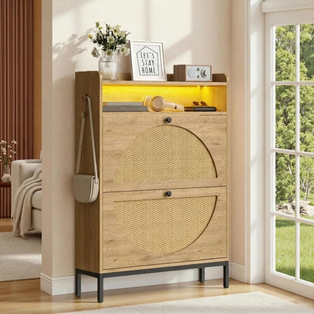 

Тумба для обуви с 2 откидными ящиками, узкий шкаф для обуви с дверцами из ротанга и LED-подсветкой, на заказ