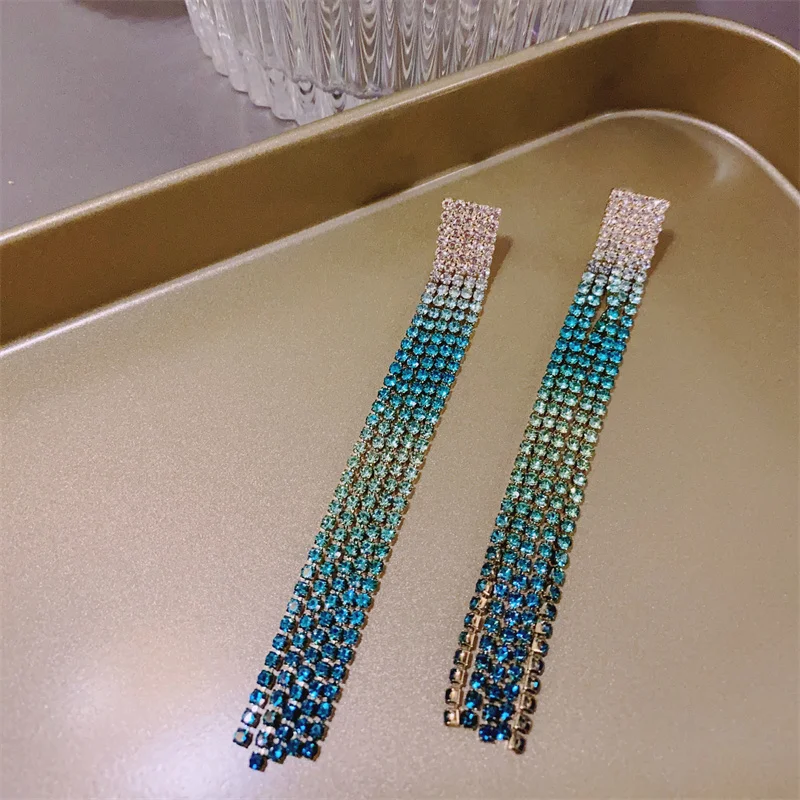 FYUAN Long Tassel Drop Earrings for Women Green Rhinestone Dangle Earrings Fashion Jewelry Accessories