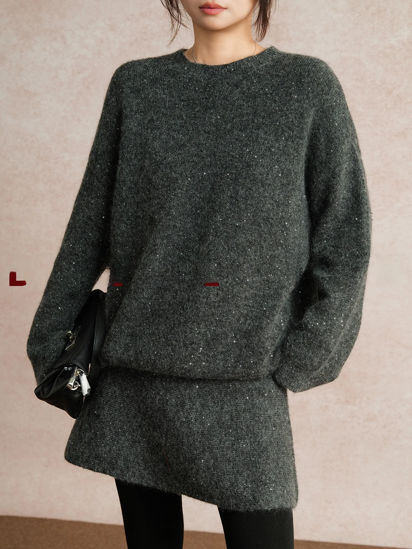 

Belin Sparkling Bead Camere Knitwear Ele Faion round Ne Top A-Line Skirt Set Women's Winter Outfit High Waist