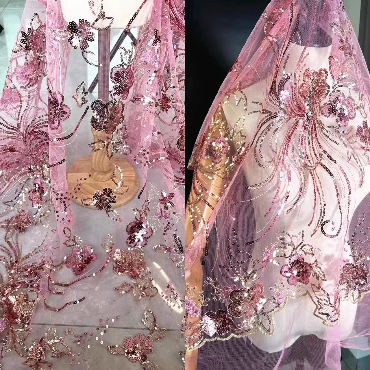 Fotografia 3: Novo rosa safira azul grande flor 3d lantejoulas bordado malha tecido desempenho roupas flor bordado tecido de renda